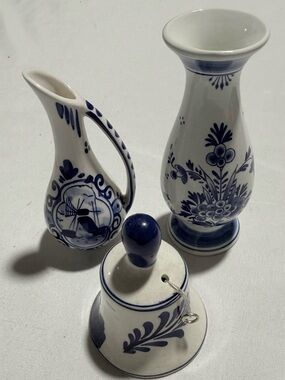 Vintage Delft Hand Painted White & Blue Vase, Small Pitcher  & Bell Lot Of 3